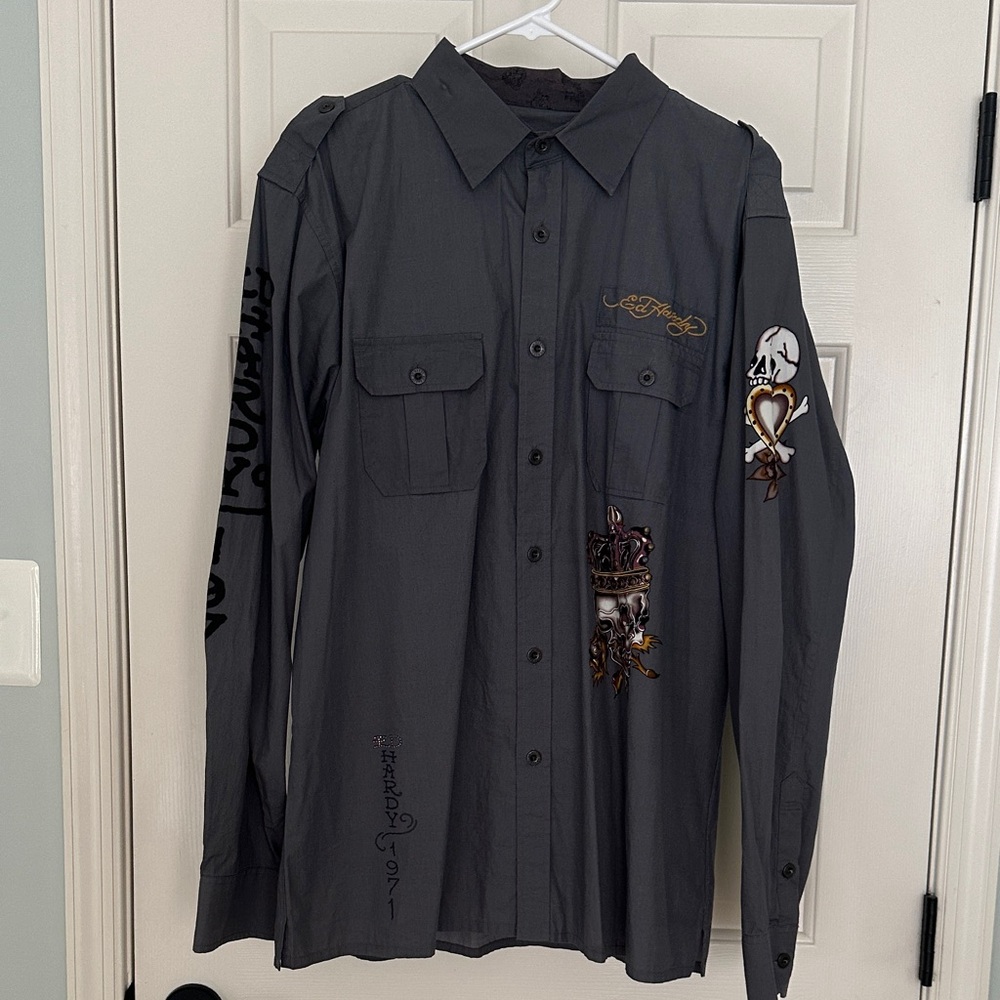 Ed Hardy Gray Casual Button Down Shirt